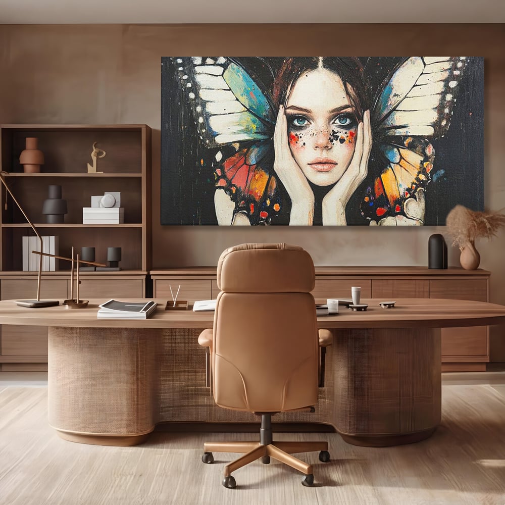 Tablou canvas cu tablou canvas cu femeie si aripi de fluture, fara rama, pe sasiu de lemn, pe perete intr-un birou